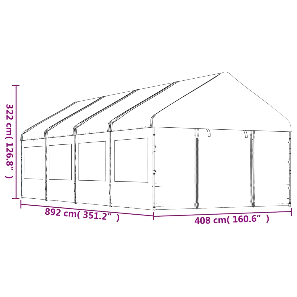 Paviljong med tak hvit 8,92x4,08x3,22 m polyetylen