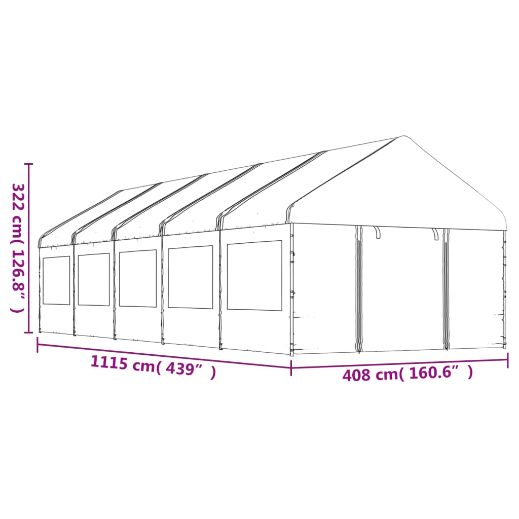 Paviljong med tak hvit 11,15x4,08x3,22 m polyetylen