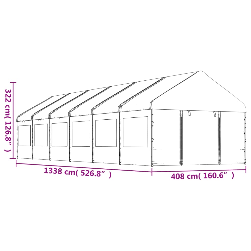 Paviljong med tak hvit 13,38x4,08x3,22 m polyetylen