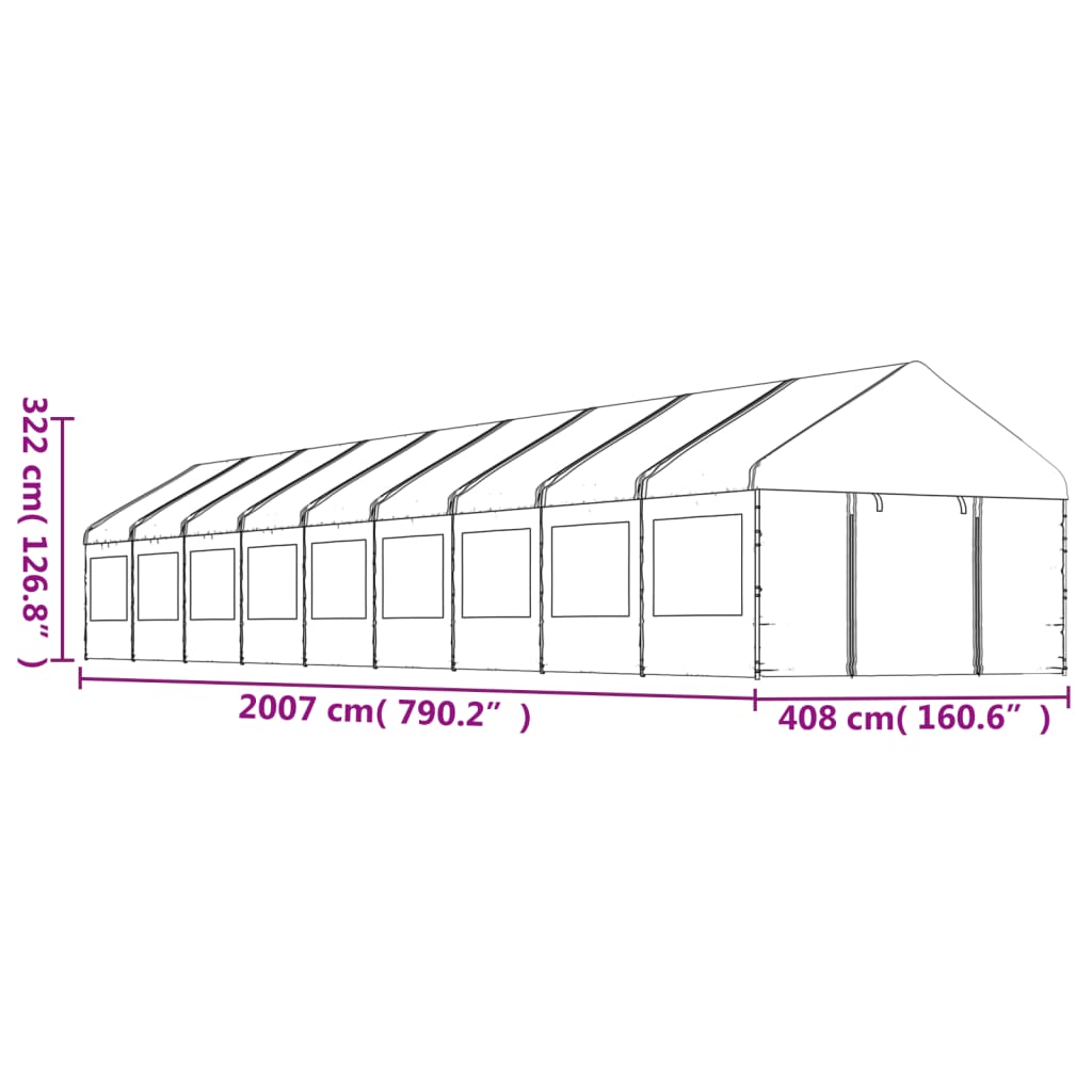 Paviljong med tak hvit 20,07x4,08x3,22 m polyetylen