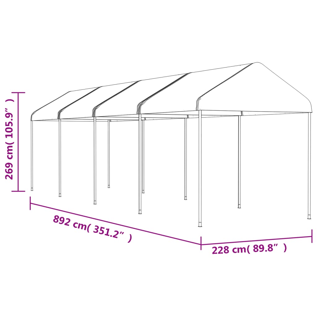 Paviljong med tak hvit 8,92x2,28x2,69 m polyetylen