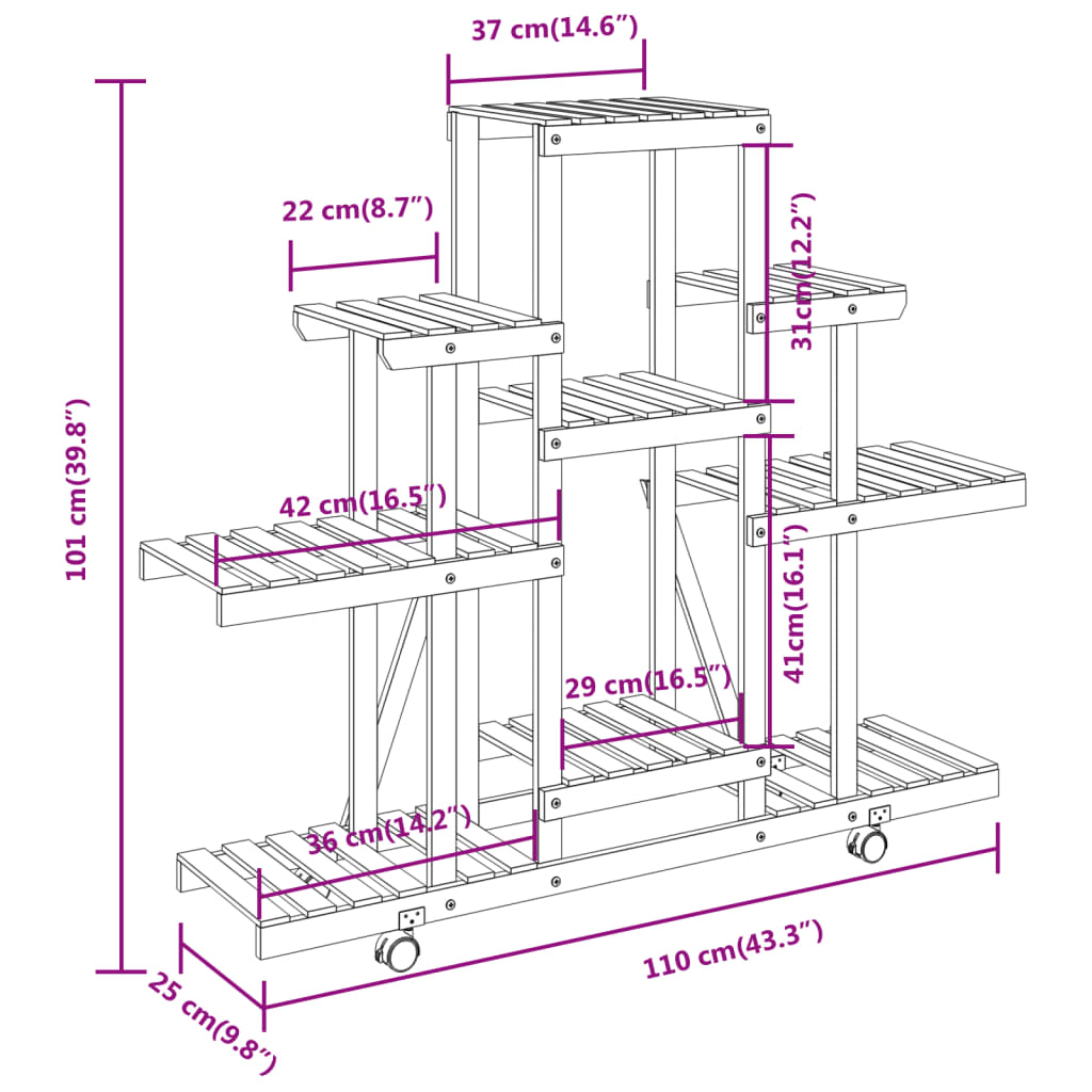 Blomsterstativ med hjul 110x25x101 cm heltre gran