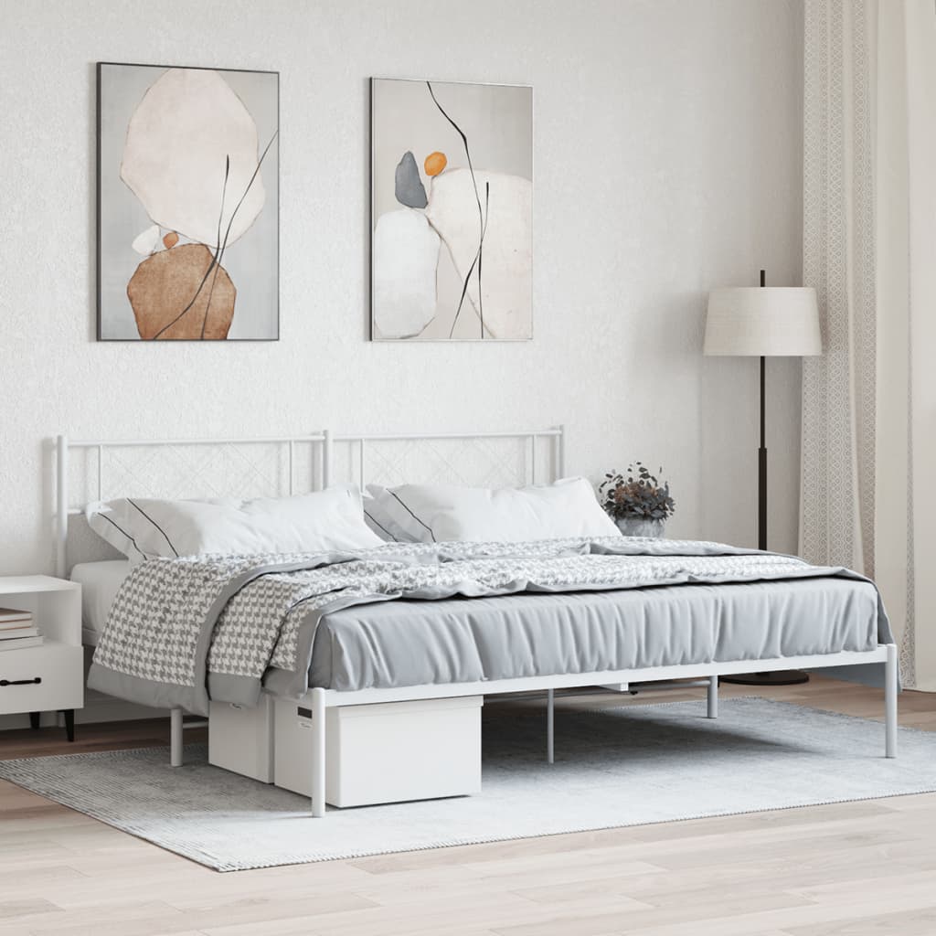 Sengeramme i metall med hodegavl hvit 183x213 cm