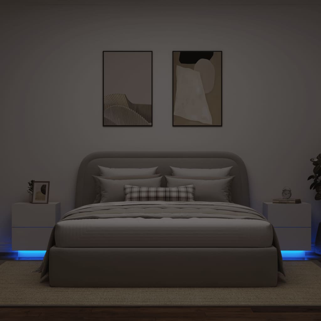 Nattbord med LED 2 stk hvit konstruert tre