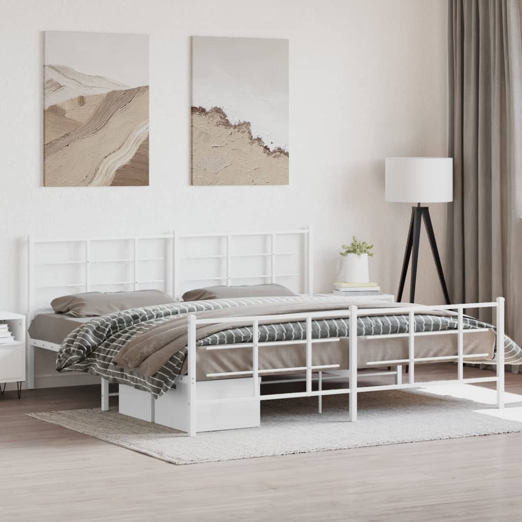 Sengeramme i metall med hode- og fotgavl hvit 200x200 cm
