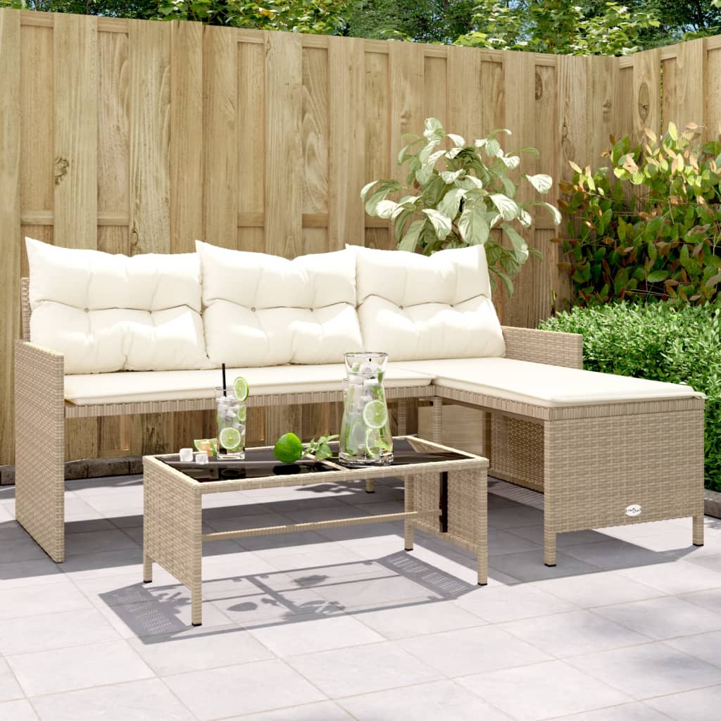 Hagesofa med bord og puter L-formet beige polyrotting