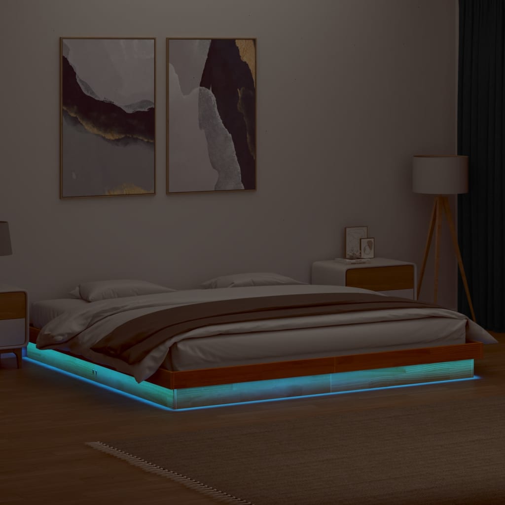 LED-sengeramme voksbrun 200x200 cm heltre furu