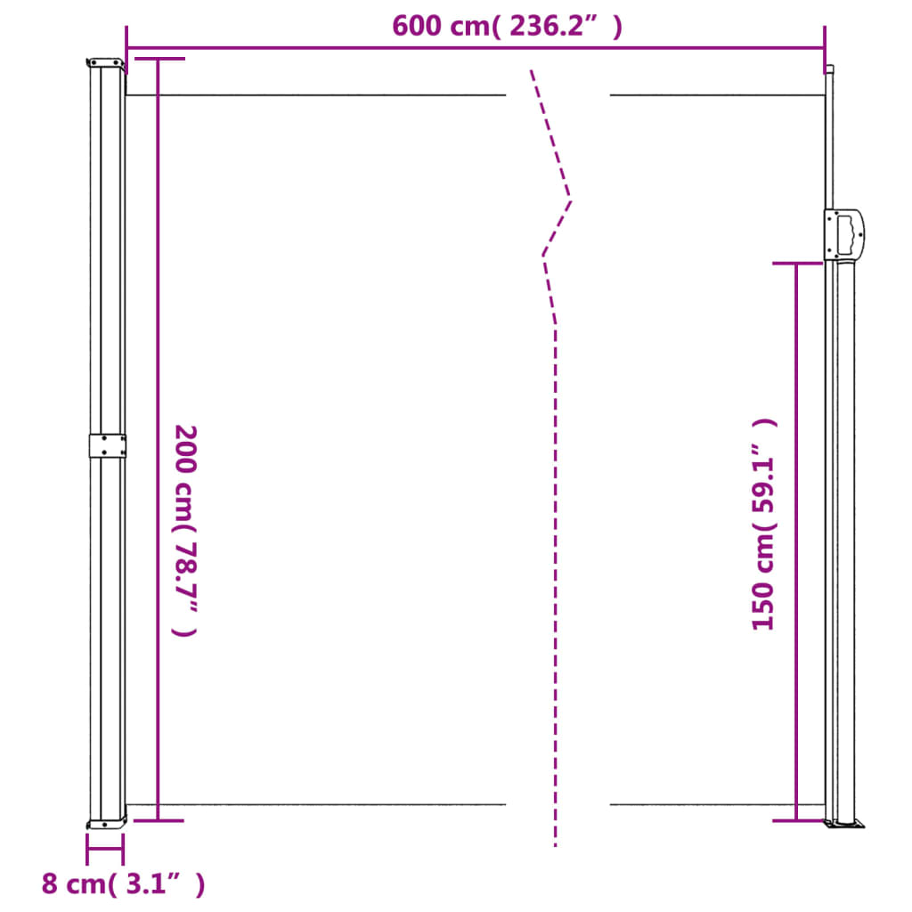 Uttrekkbar sidemarkise 200x600 cm kremhvit