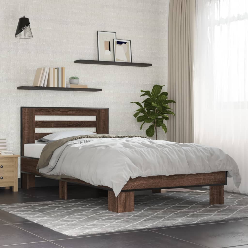 Sengeramme brun eik 100x200 cm konstruert tre og metall