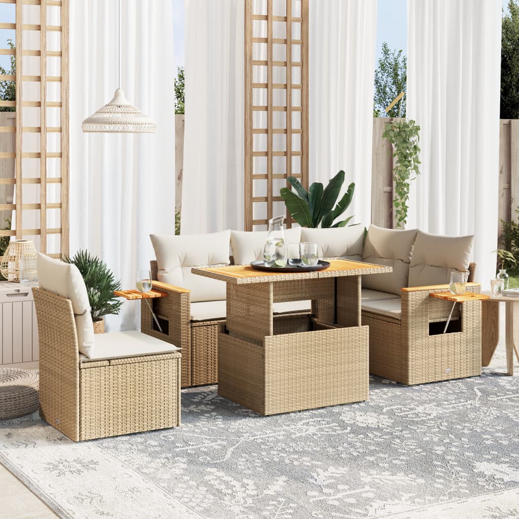 Hagesofagruppe med puter 6 deler beige polyrotting