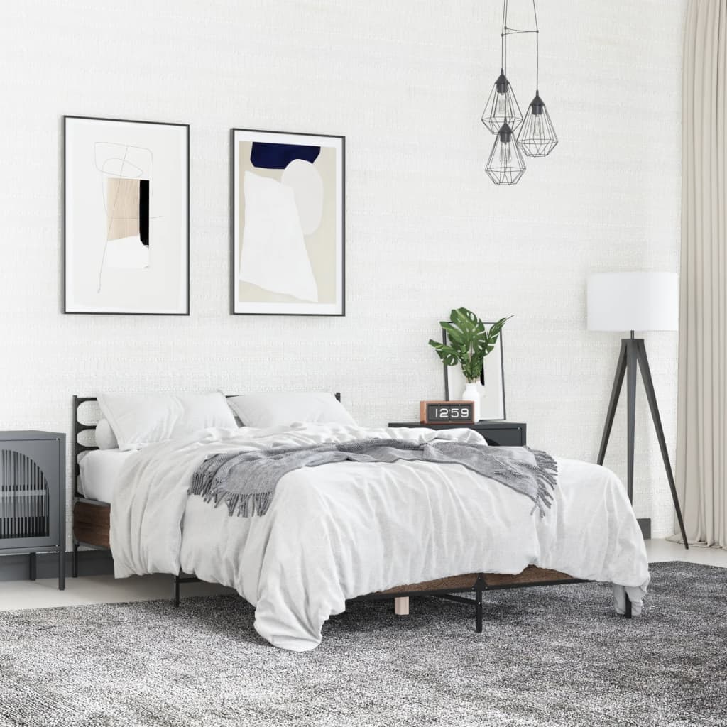 Sengeramme brun eik 140x190 cm konstruert tre og metall