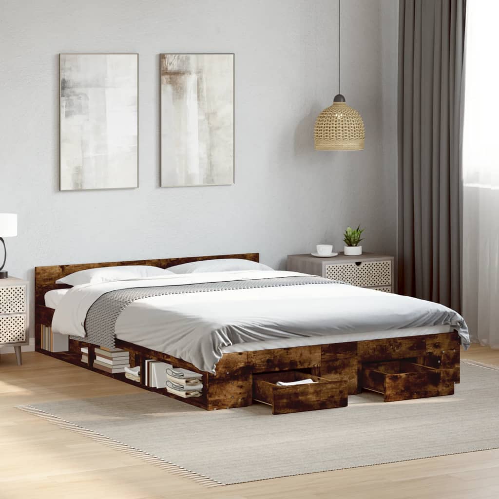 Sengeramme med skuffer røkt eik 160x200 cm konstruert tre