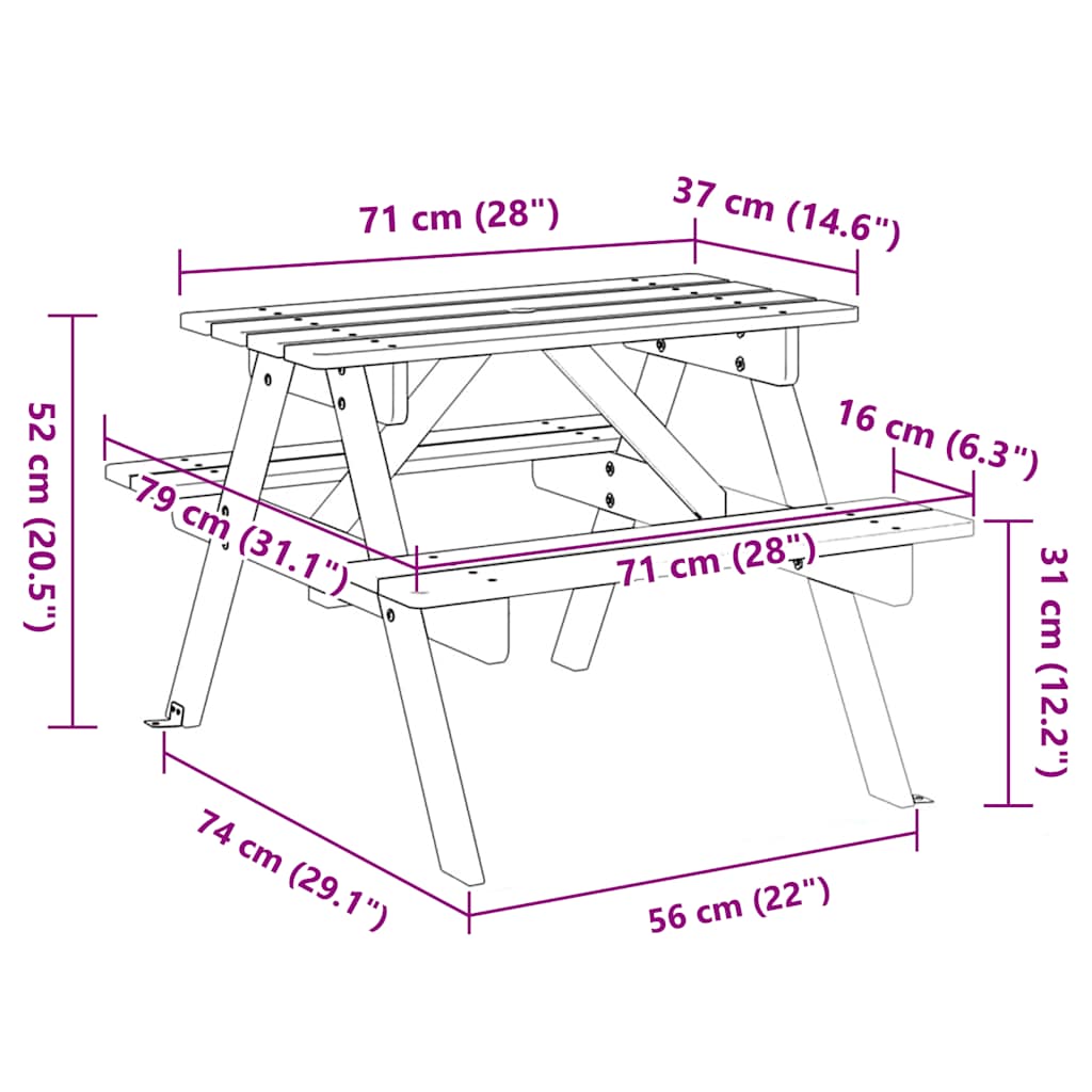 Piknikbord for 4 barn med parasollhull heltre gran