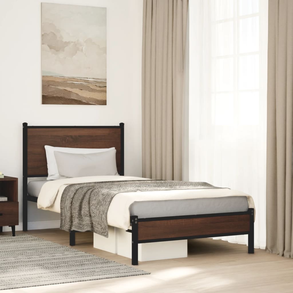Sengeramme i metall uten madrass brun eik 90x190 cm