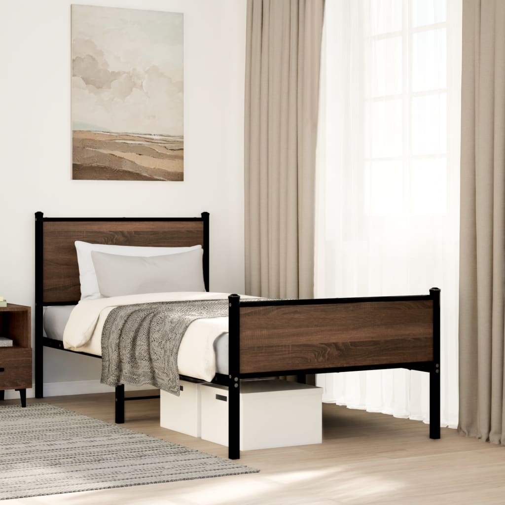 Sengeramme i metall uten madrass brun eik 90x190 cm