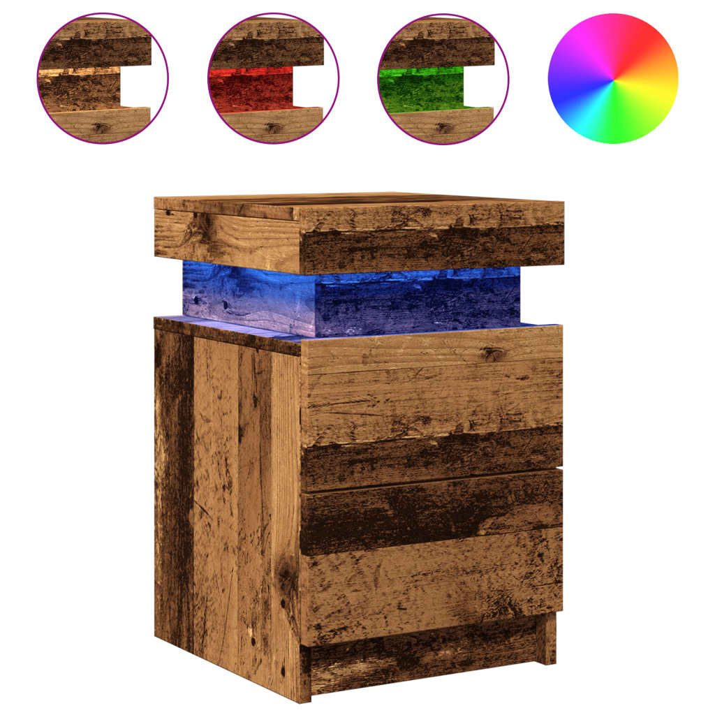 Nattbord med LED gammelt tre 35x39x55 cm konstruert tre