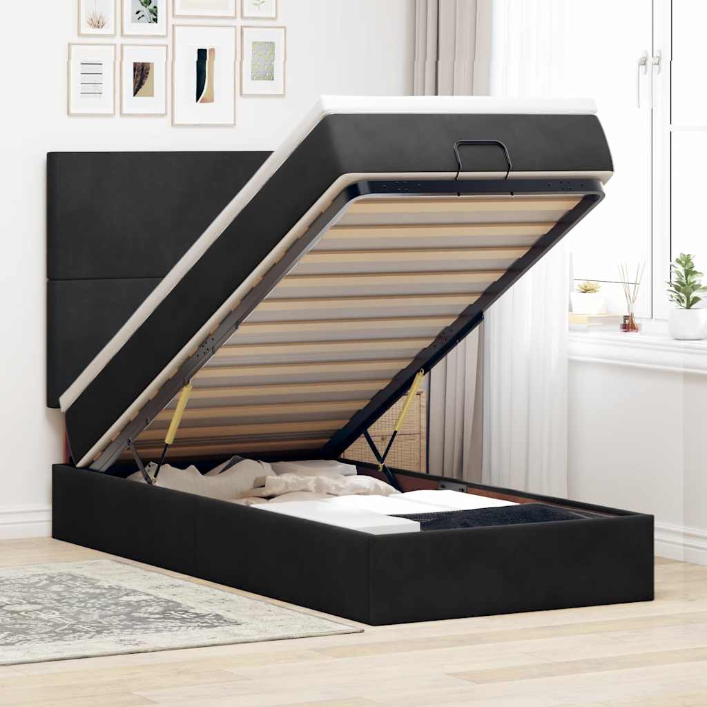 Ottoman sengeramme med madrasser svart 140x190cm fløyel