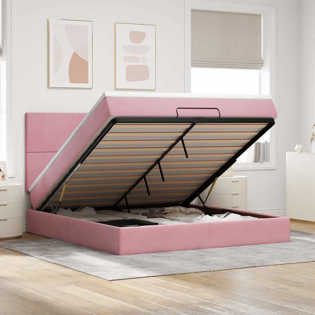 Ottoman sengeramme med madrasser rosa 160x200cm fløyel