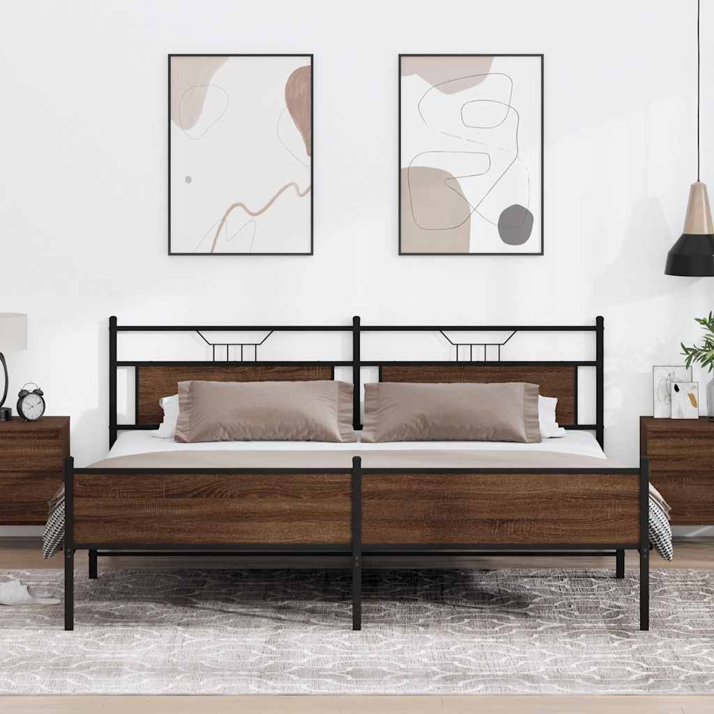 Sengeramme i metall uten madrass brun eik 193x203 cm