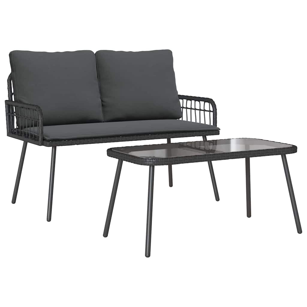 2 Delers Hage Spisestue Sett med Puter Svart Poly Rattan