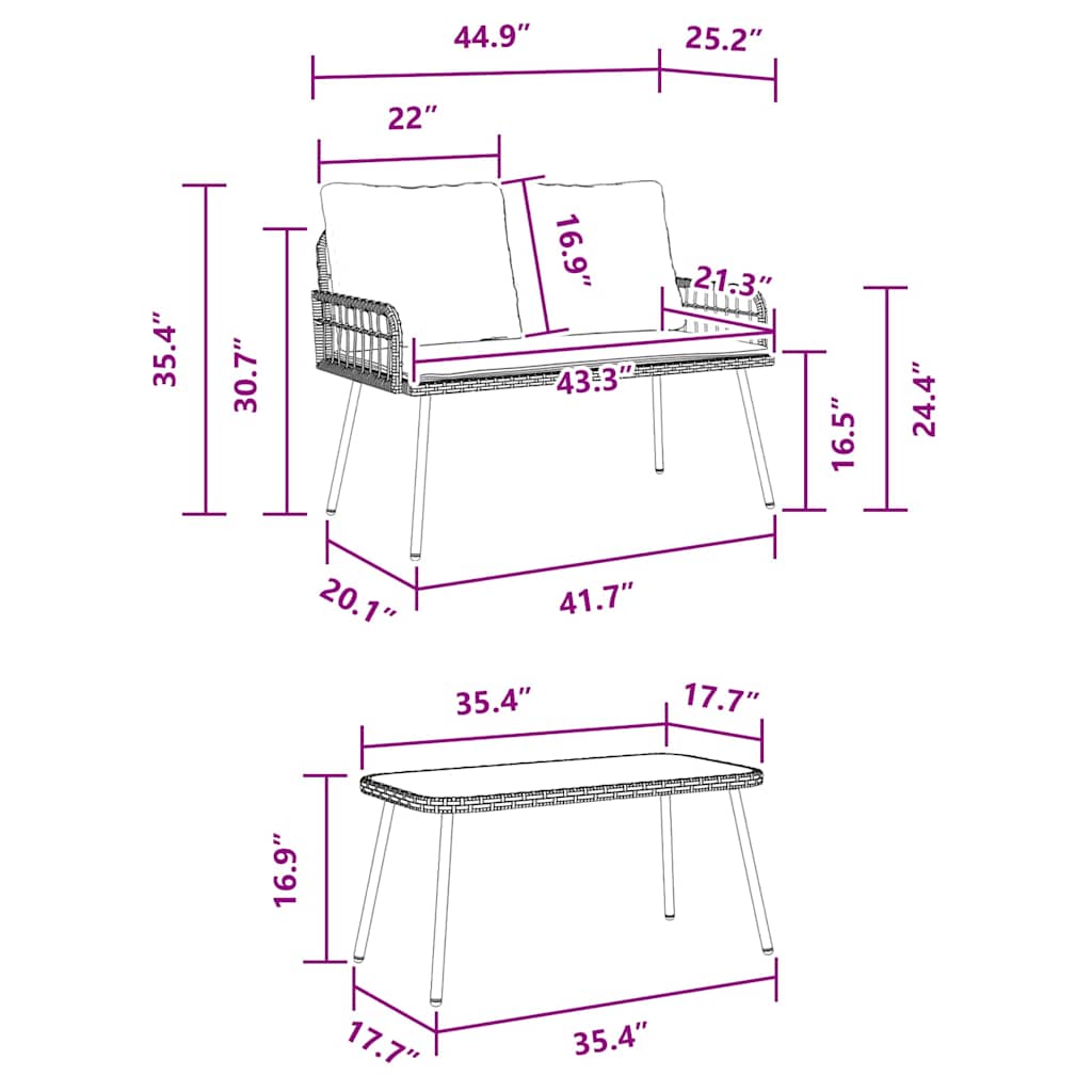 2 Delers Hage Spisestue Sett med Puter Svart Poly Rattan