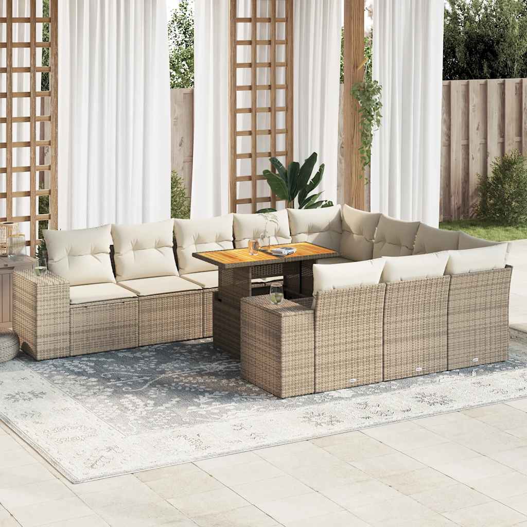 Hagesofaer med puter 10 deler beige polyrotting akasie