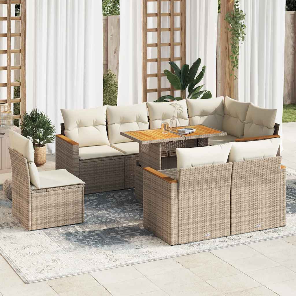 Hagesofaer med puter 9 deler beige polyrotting akasie