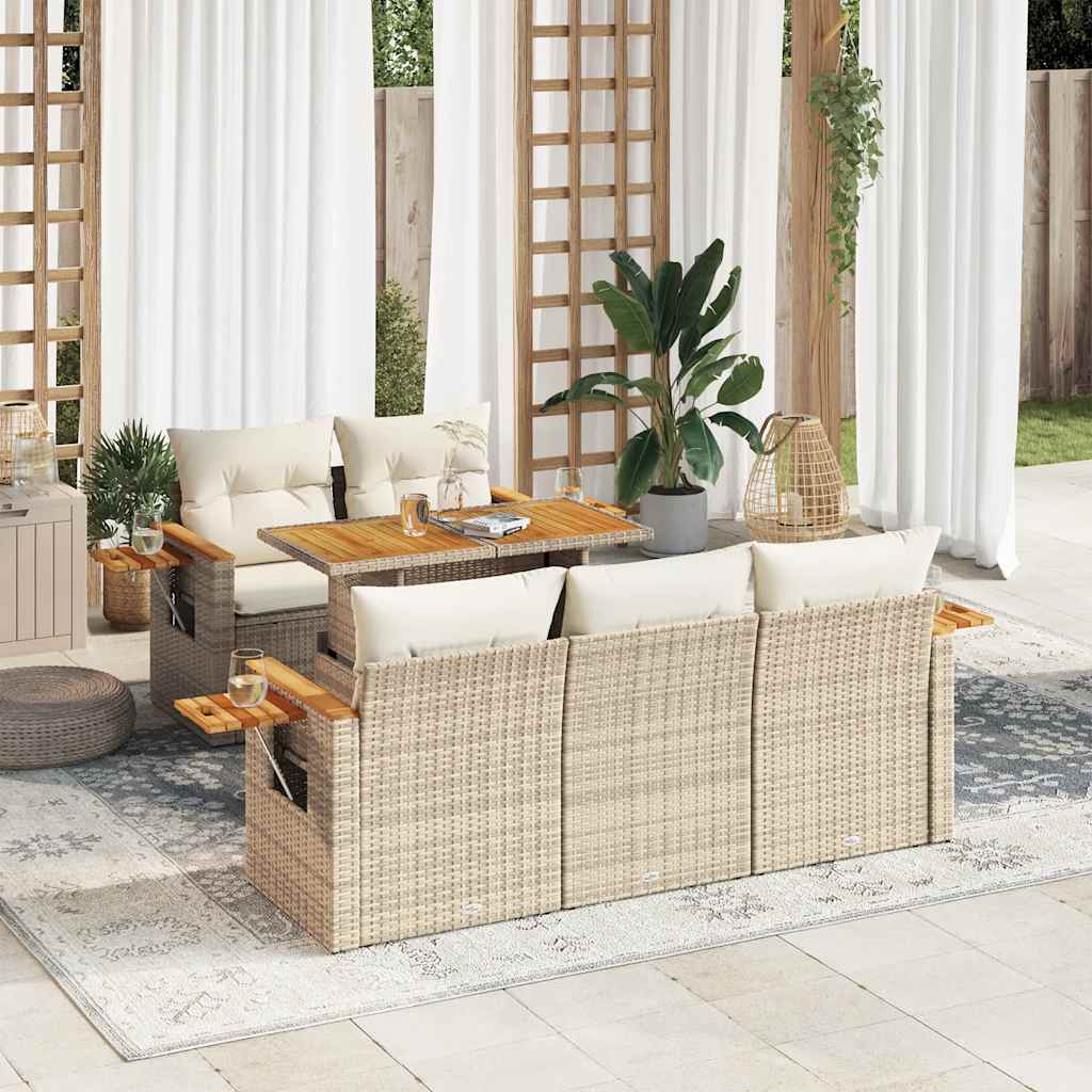 Hagesofaer med puter 6 deler beige polyrotting akasie