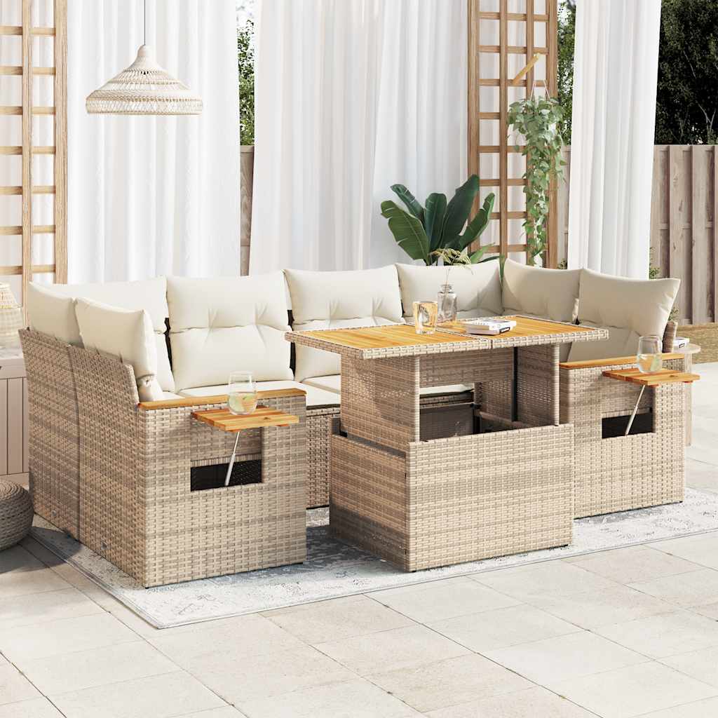Hagesofaer med puter 7 deler beige polyrotting akasie