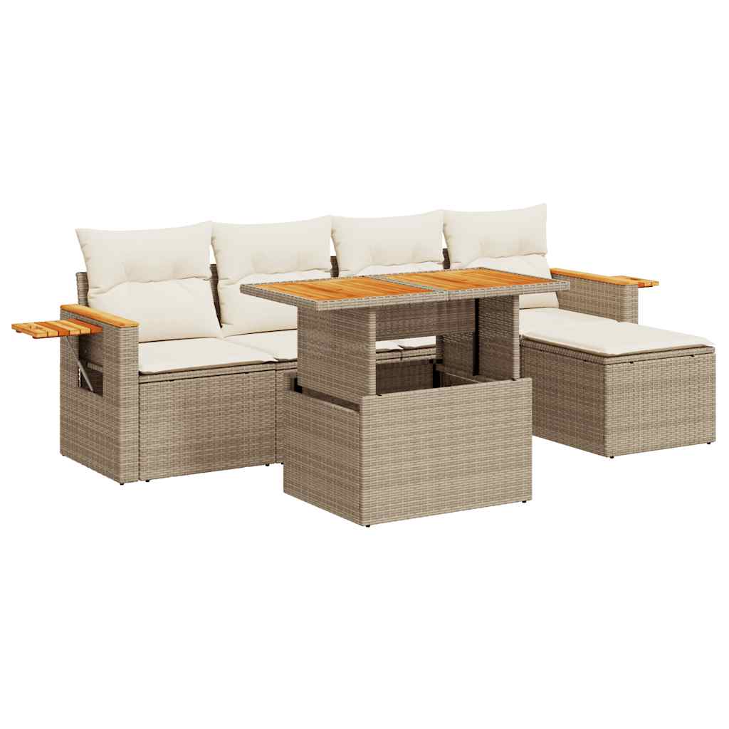 Hagesofaer med puter 6 deler beige polyrotting akasie