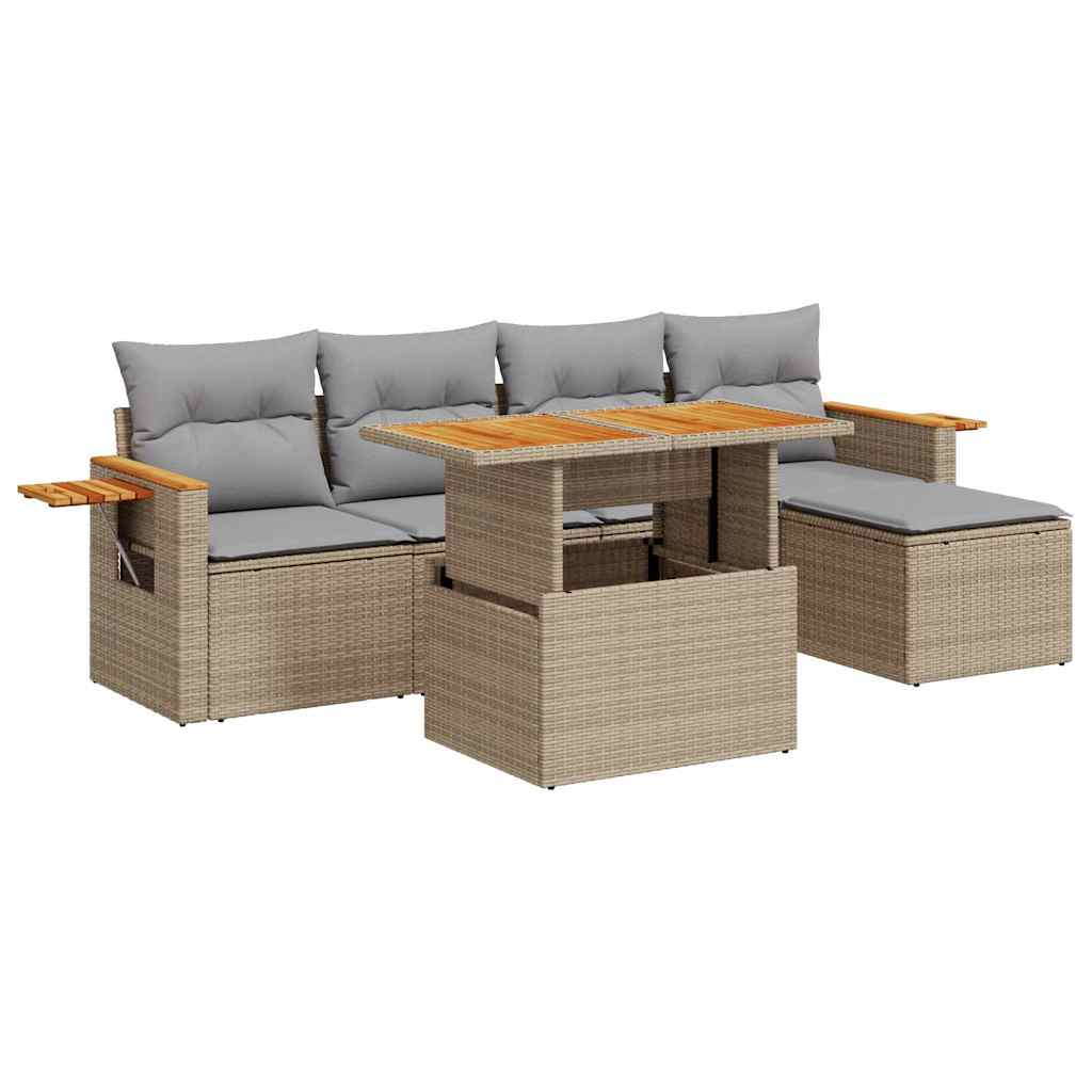 Hagesofaer med puter 6 deler beige polyrotting akasie