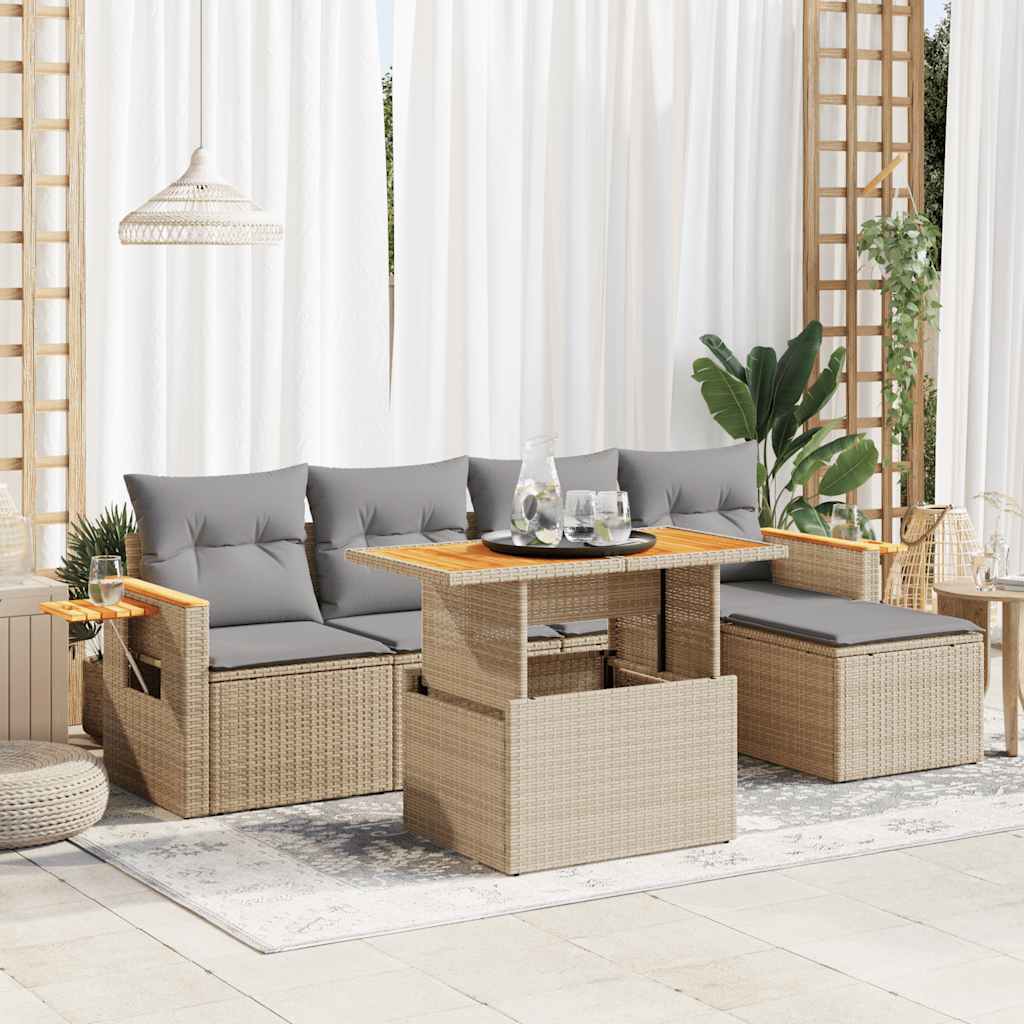 Hagesofaer med puter 6 deler beige polyrotting akasie