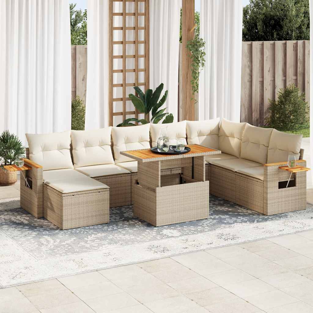 Hagesofaer med puter 9 deler beige polyrotting akasie