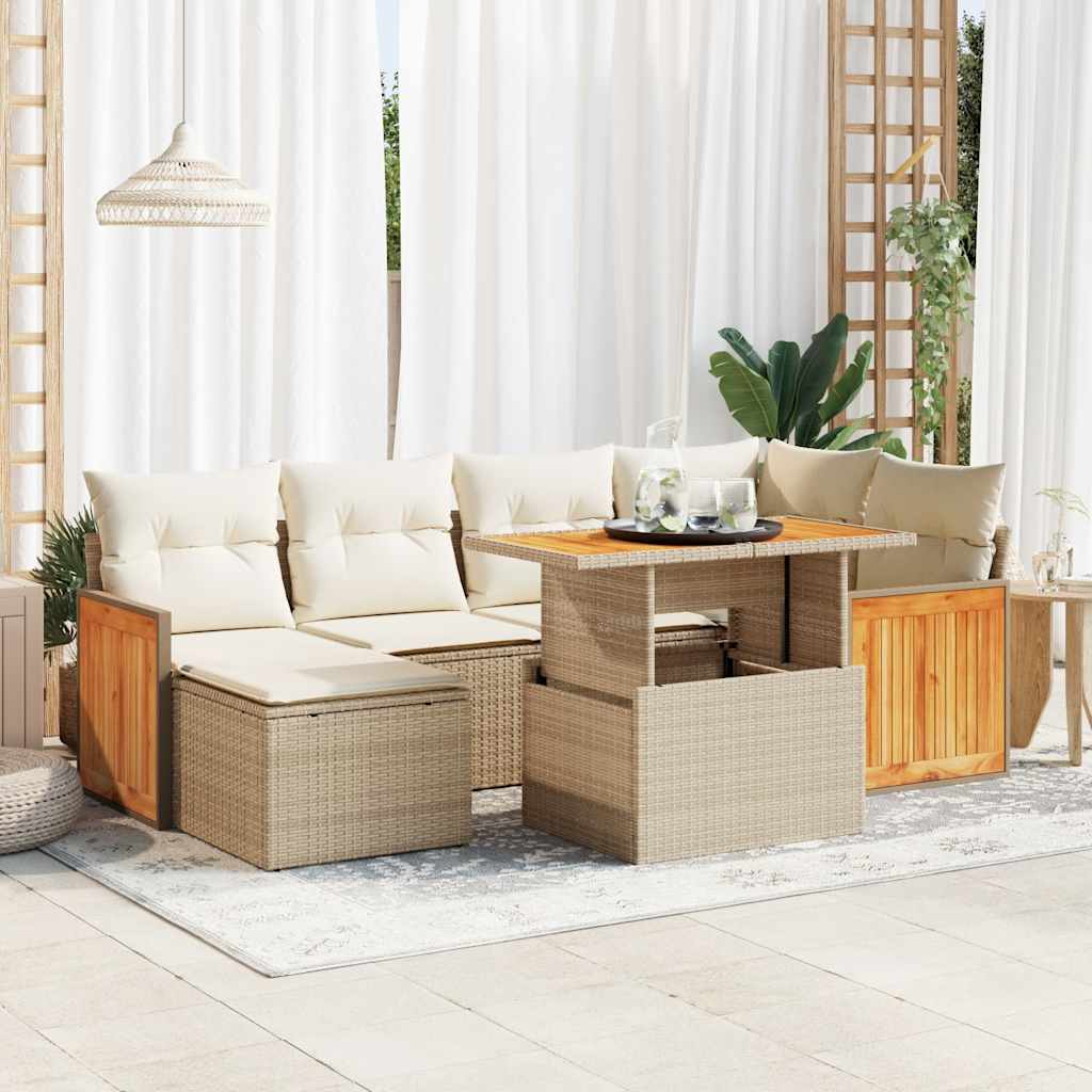 Hagesofaer med puter 7 deler beige polyrotting akasie