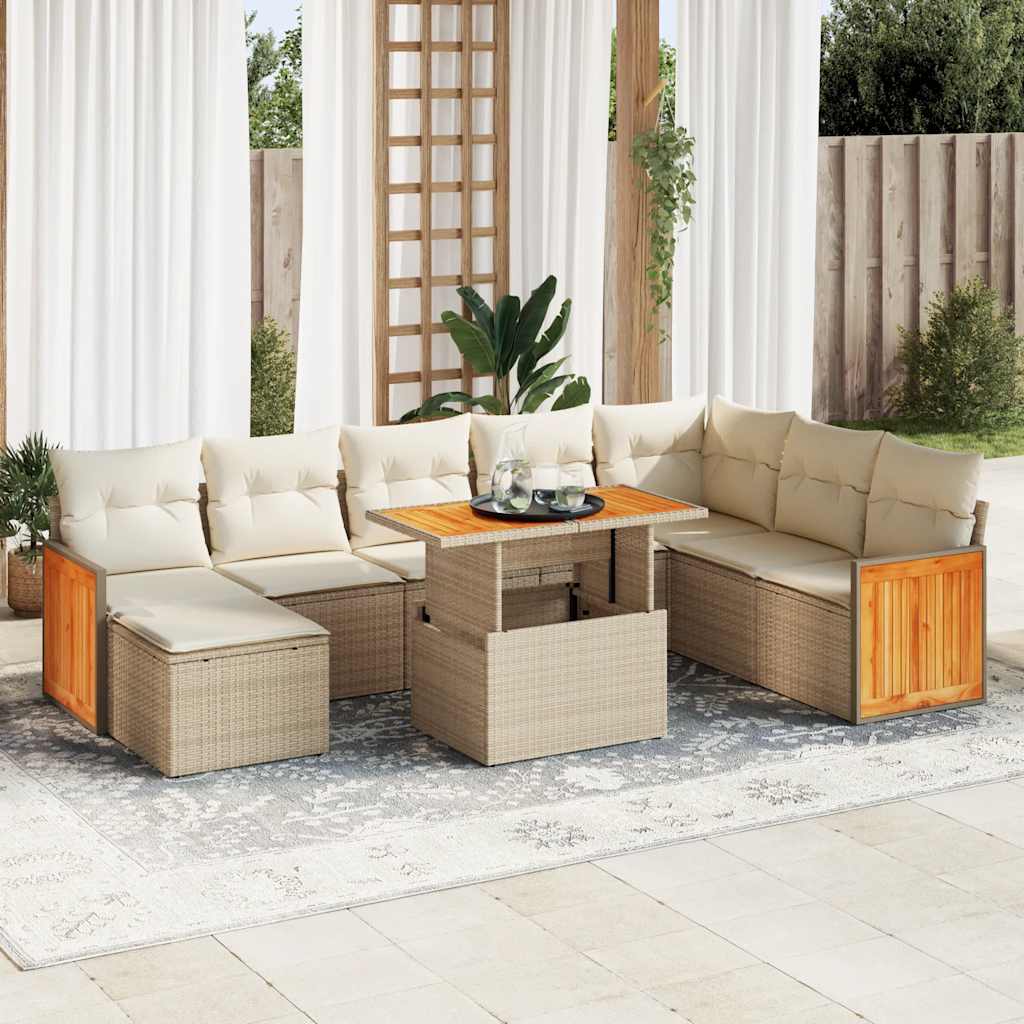 Hagesofaer med puter 9 deler beige polyrotting akasie