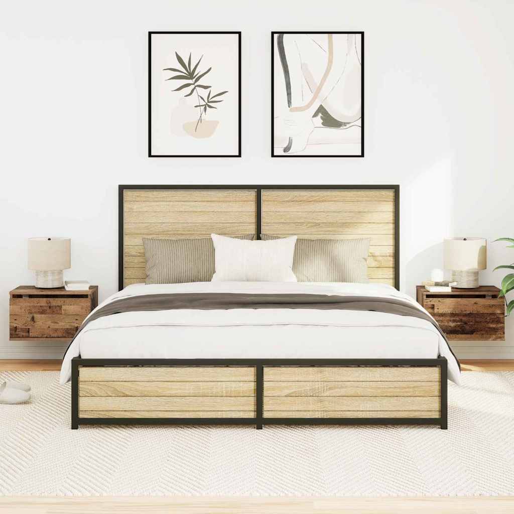 Vegghengt nattbord med skuff med LED -stripelys 2 pcs Gamle tre