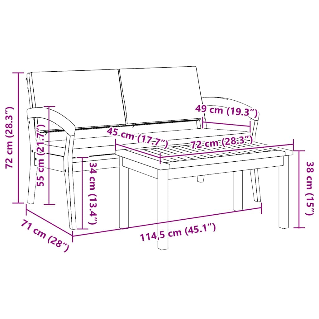2 Delers Bistro Sett med Puter Solid Akasietre