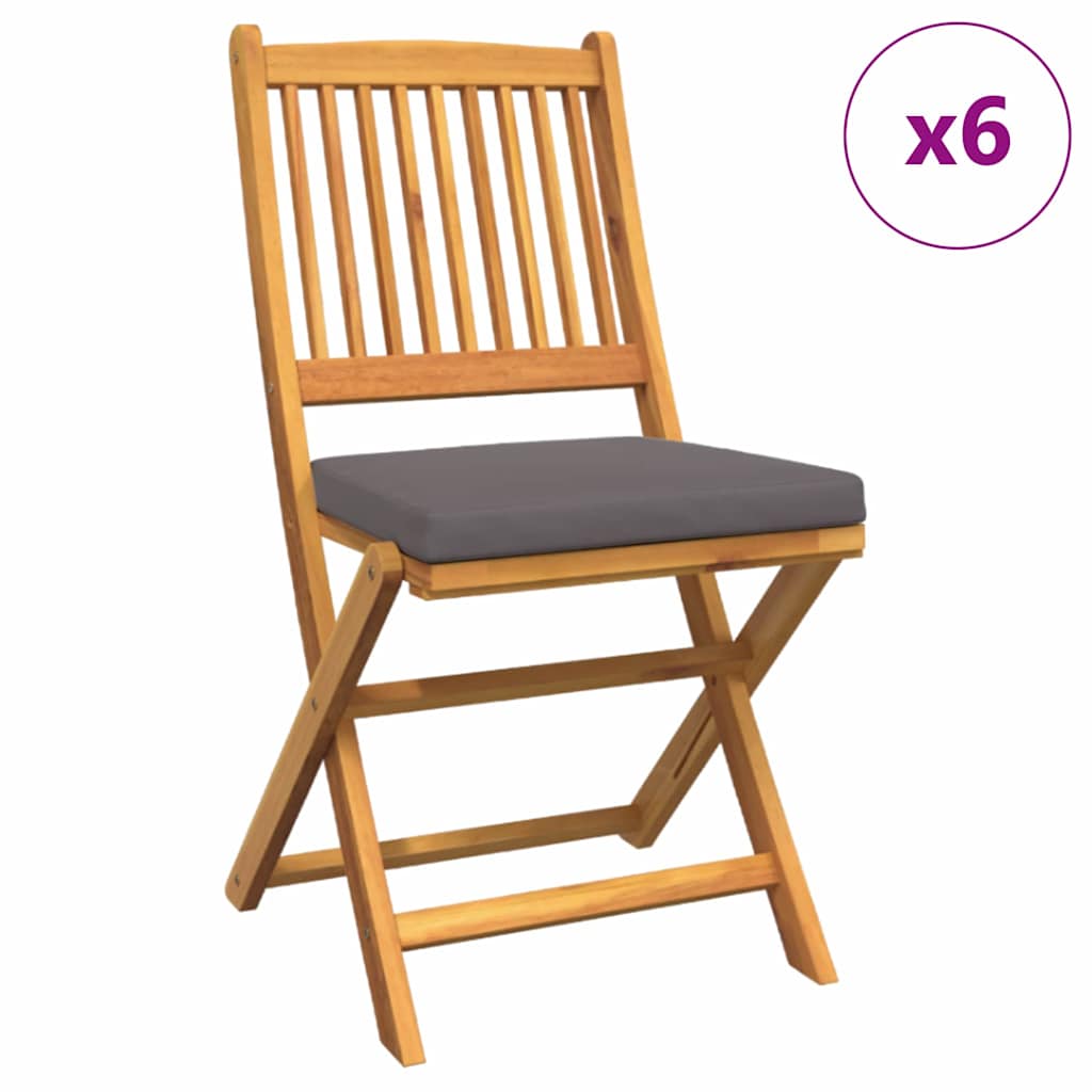 Foldbare Hage Stoler med Grå Pute 6stk Solid Akasietre
