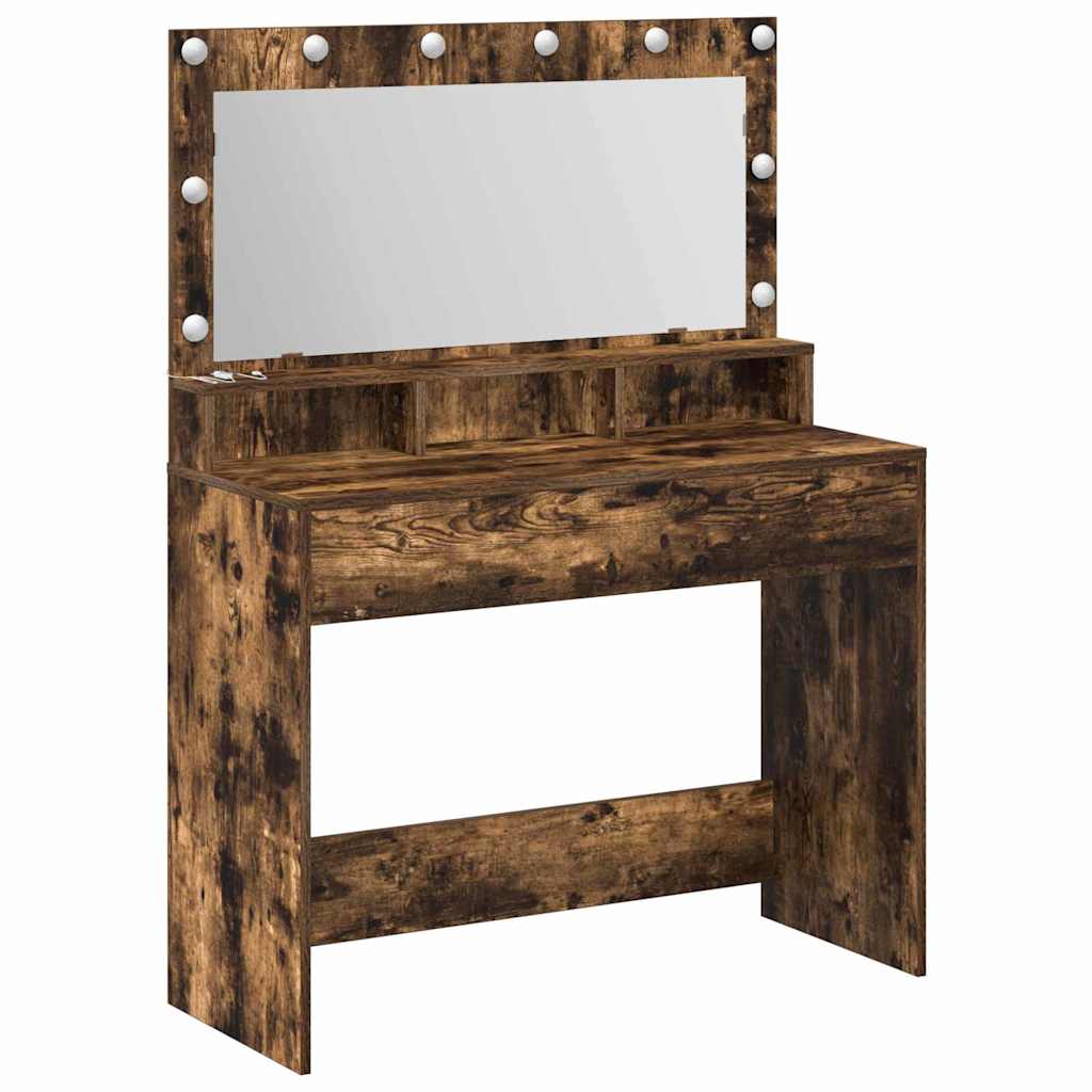 Sminkebord med LED-lamper i Røkt Eik 100x41x135 cm