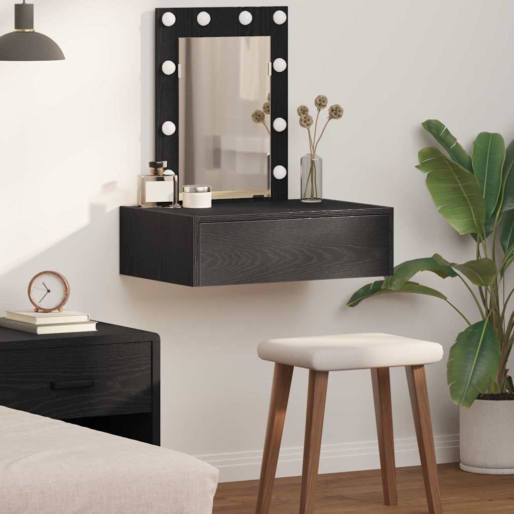 Veggmontert sminkebord med LED-lamper - Svart eik