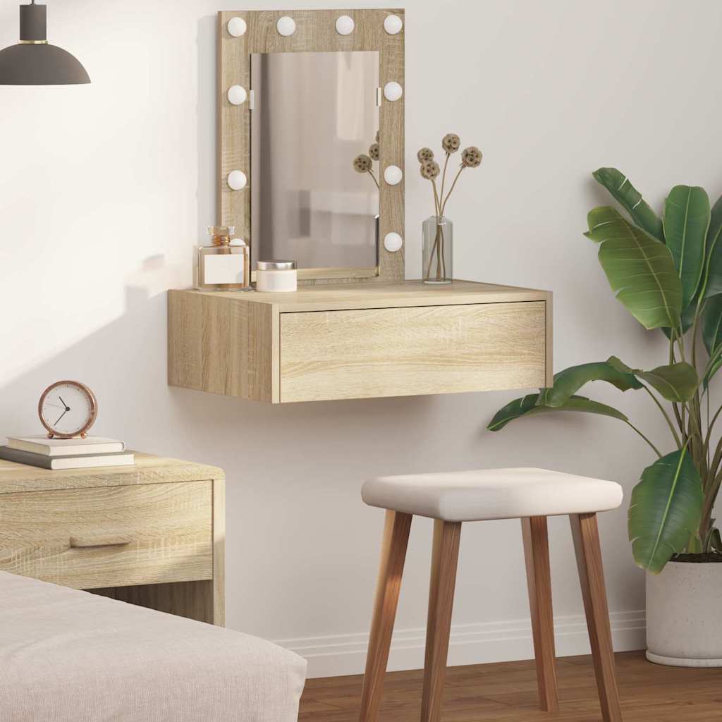 Vegghengt sminkebord med LED-lamper Sonoma eik