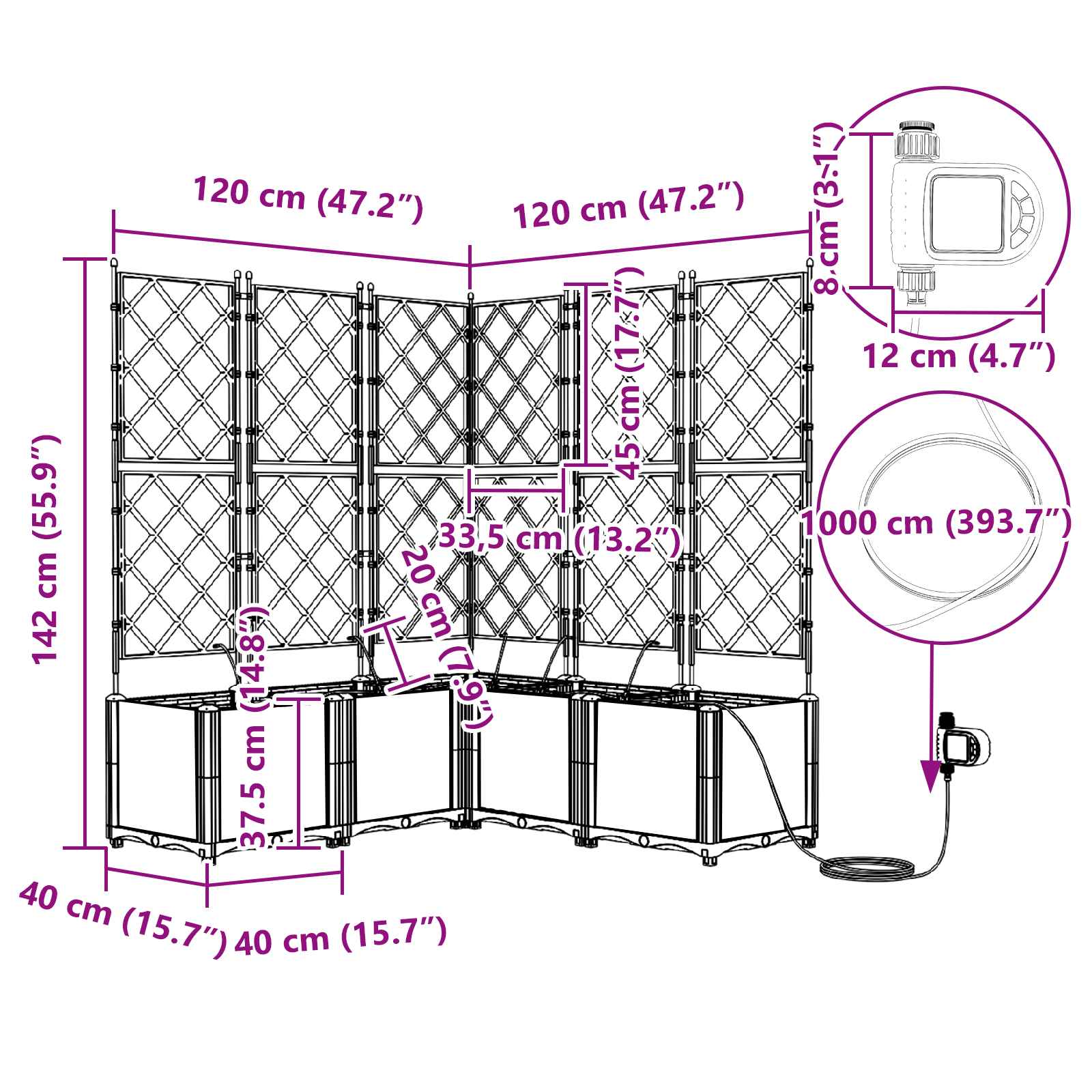 Hageblomsterpotte 3 pcs Grå 120 x 120 x 142 cm Stål