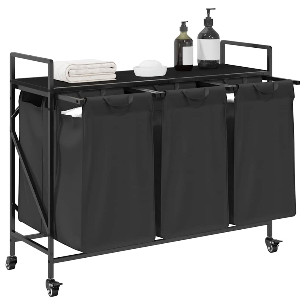 skittentøyskurv 3 rom med hjul svart eik