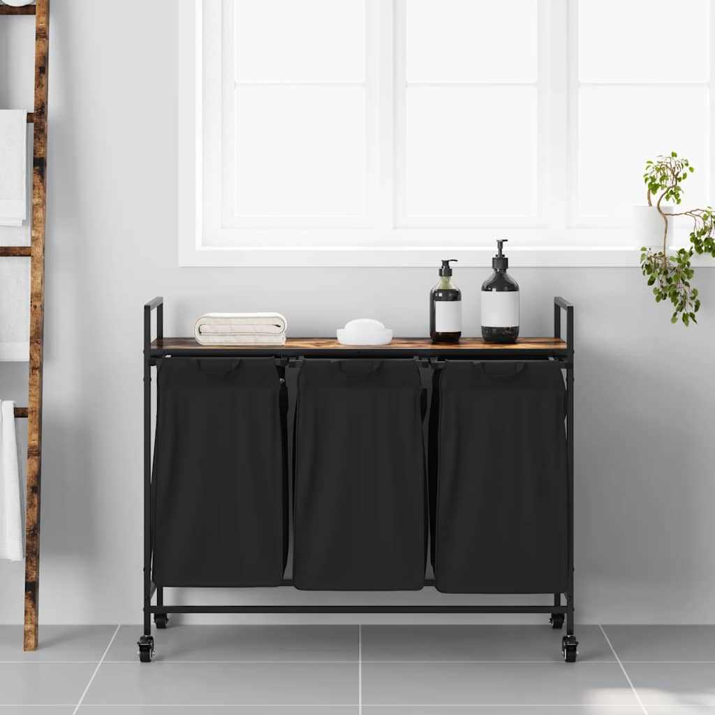 skittentøyskurv 3 rom med hjul røkt eik