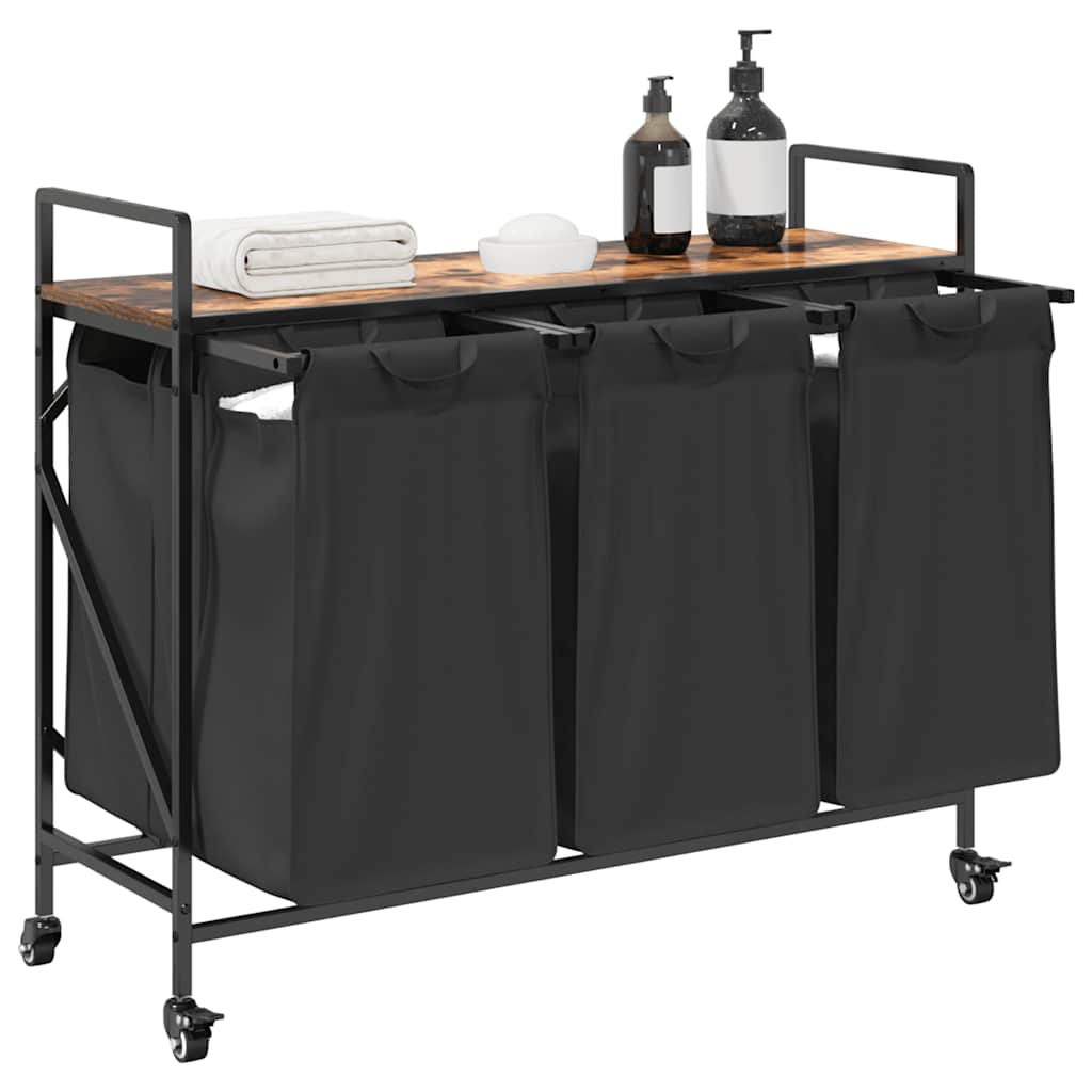 skittentøyskurv 3 rom med hjul røkt eik