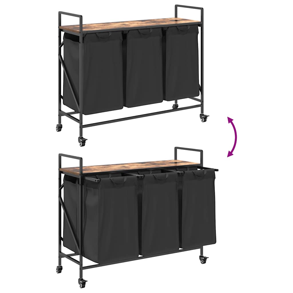 skittentøyskurv 3 rom med hjul røkt eik