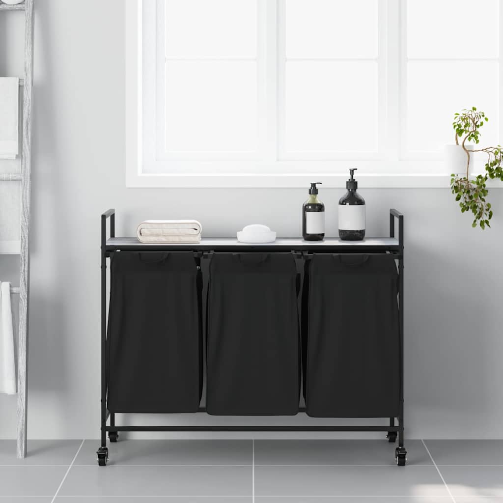 skittentøyskurv 3 rom med hjul grå eik