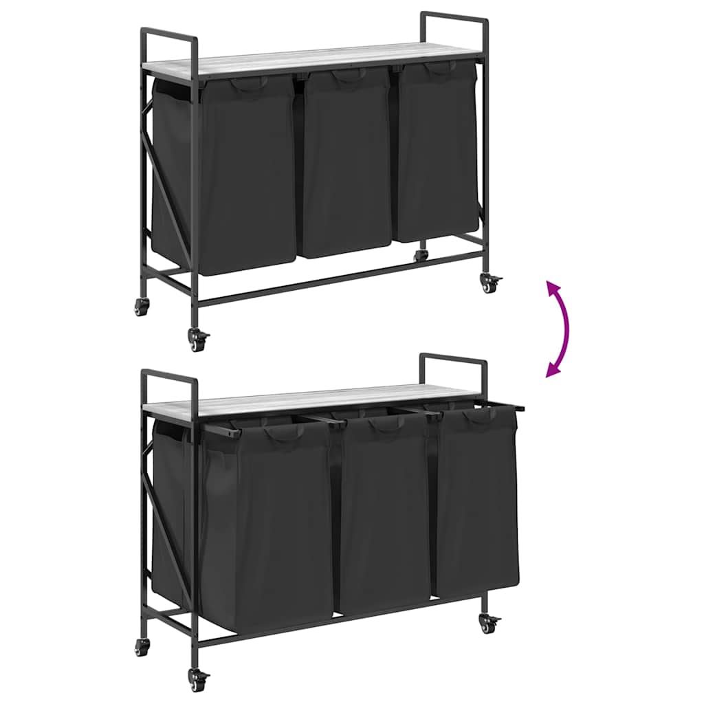 skittentøyskurv 3 rom med hjul grå eik