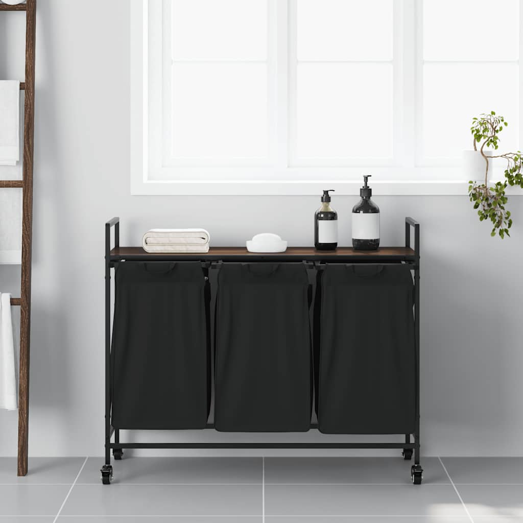 skittentøyskurv 3 rom med hjul brun eik