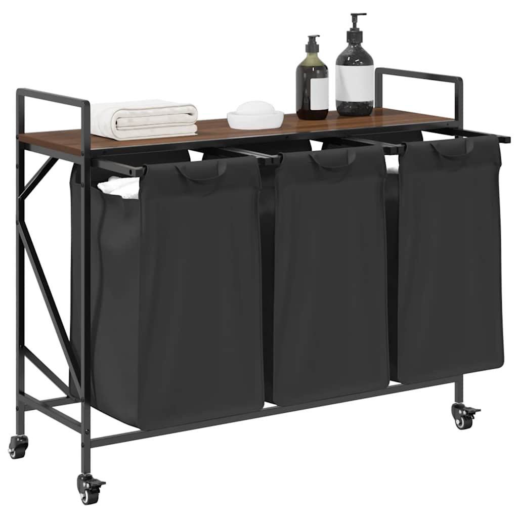 skittentøyskurv 3 rom med hjul brun eik